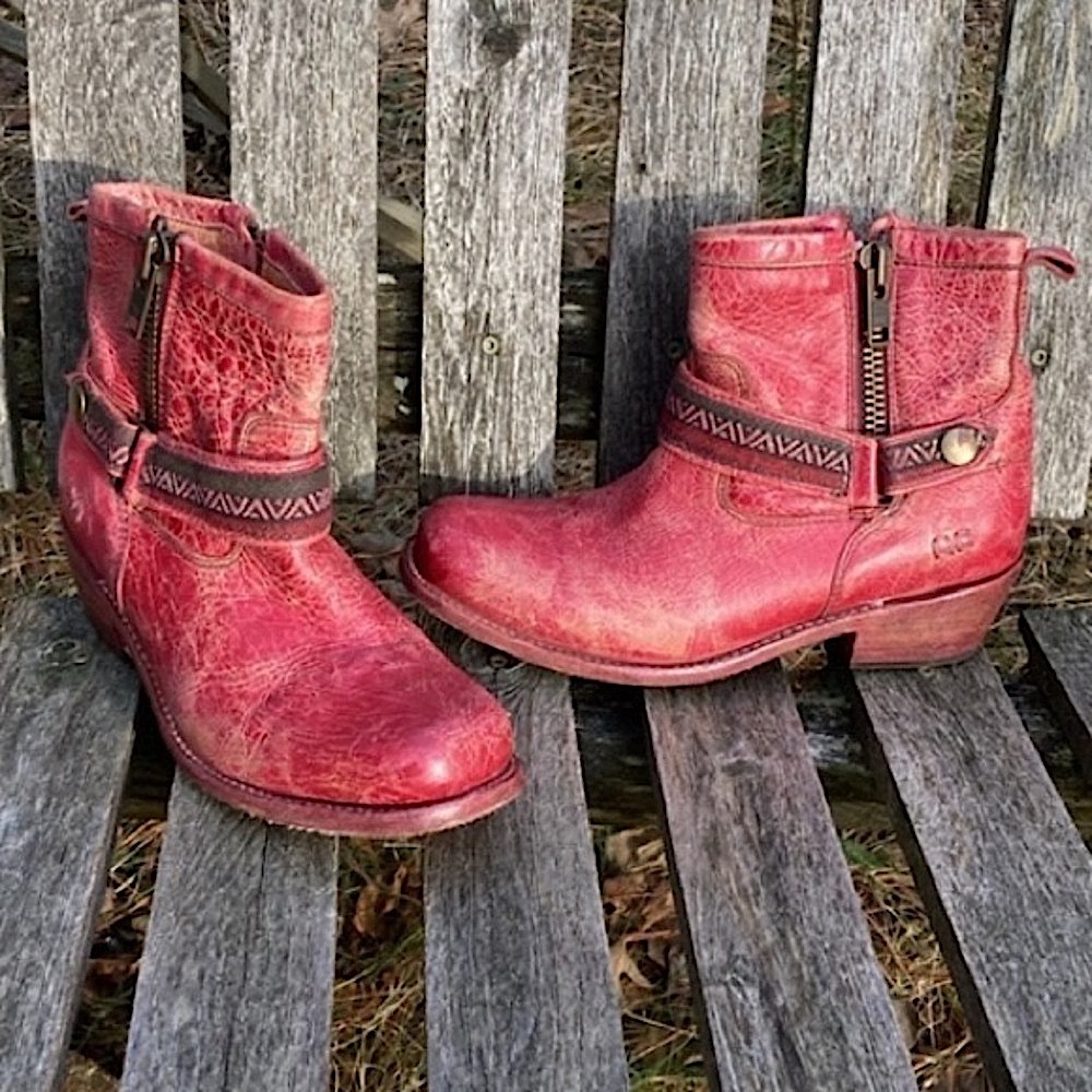 BED STU Boots TRIPLE FLAT Rare RED LUX Leather Black Double Zip Size 8